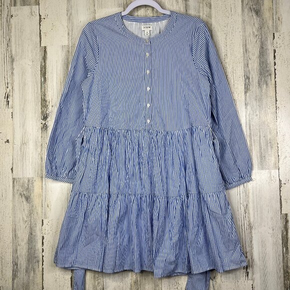 J. Crew Womens Dress S Blue Striped Stretch Cotton Poplin‎ Tiered Button Front - Picture 1 of 13
